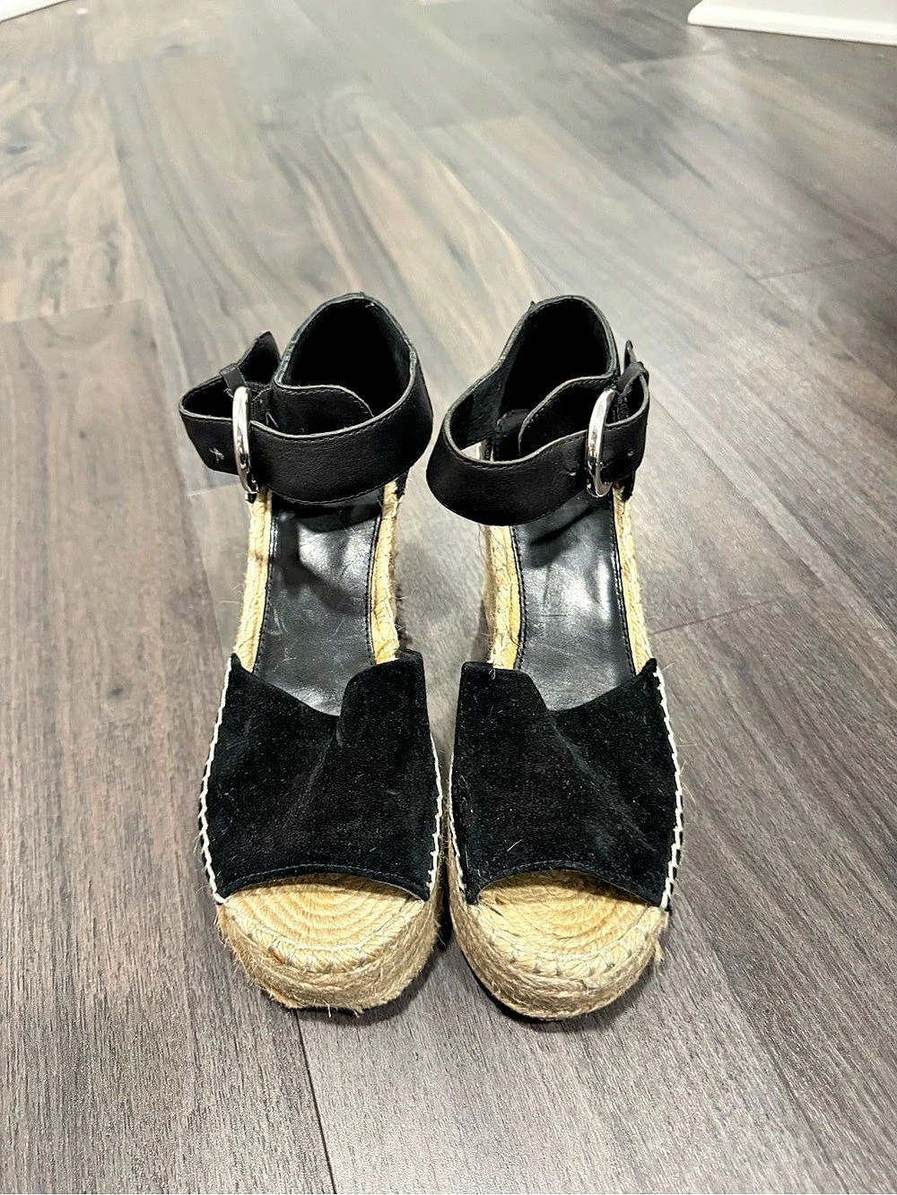 Marc Fisher Black & Tan Espadrille Wedge Sandals